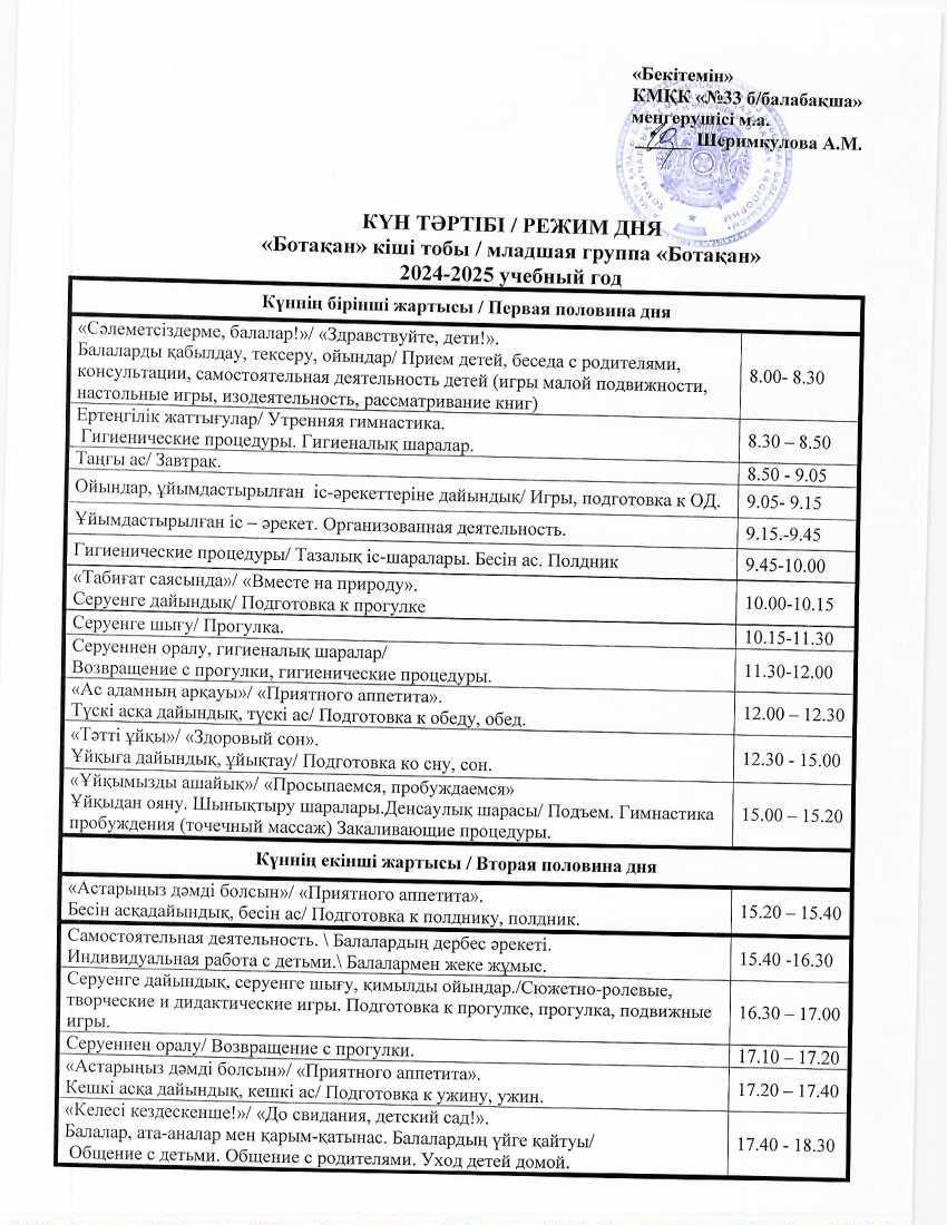 Күн тәртібі 2024-2025 оқу жылы. Режим дня 2024-2025 учебный год