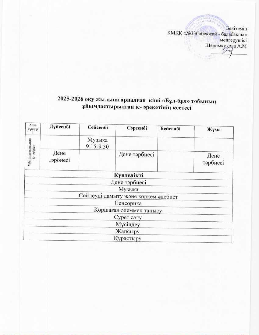 ҰІӘ кестесі- 2025-2026 оқу жылы. Расписание ОД - 2025-2026 учебный год