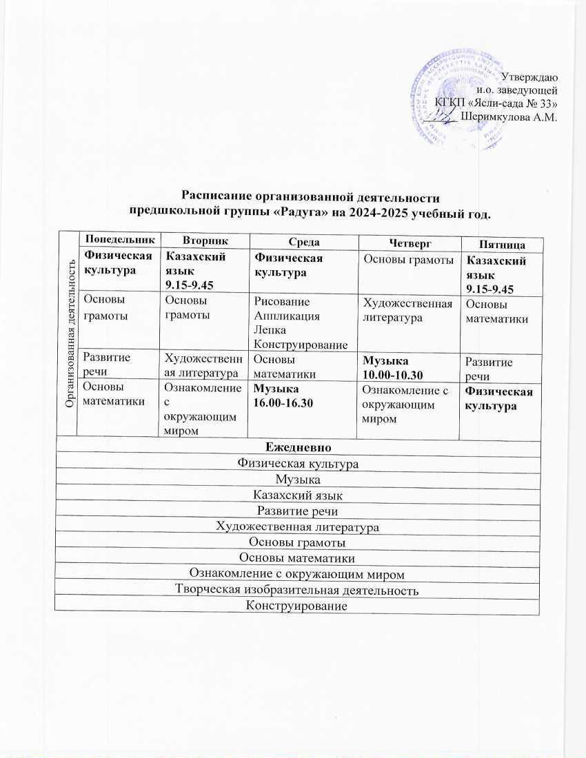 ҰІӘ кестесі- 2024-2025 оқу жылы. Расписание ОД- 2024-2025 учебный год